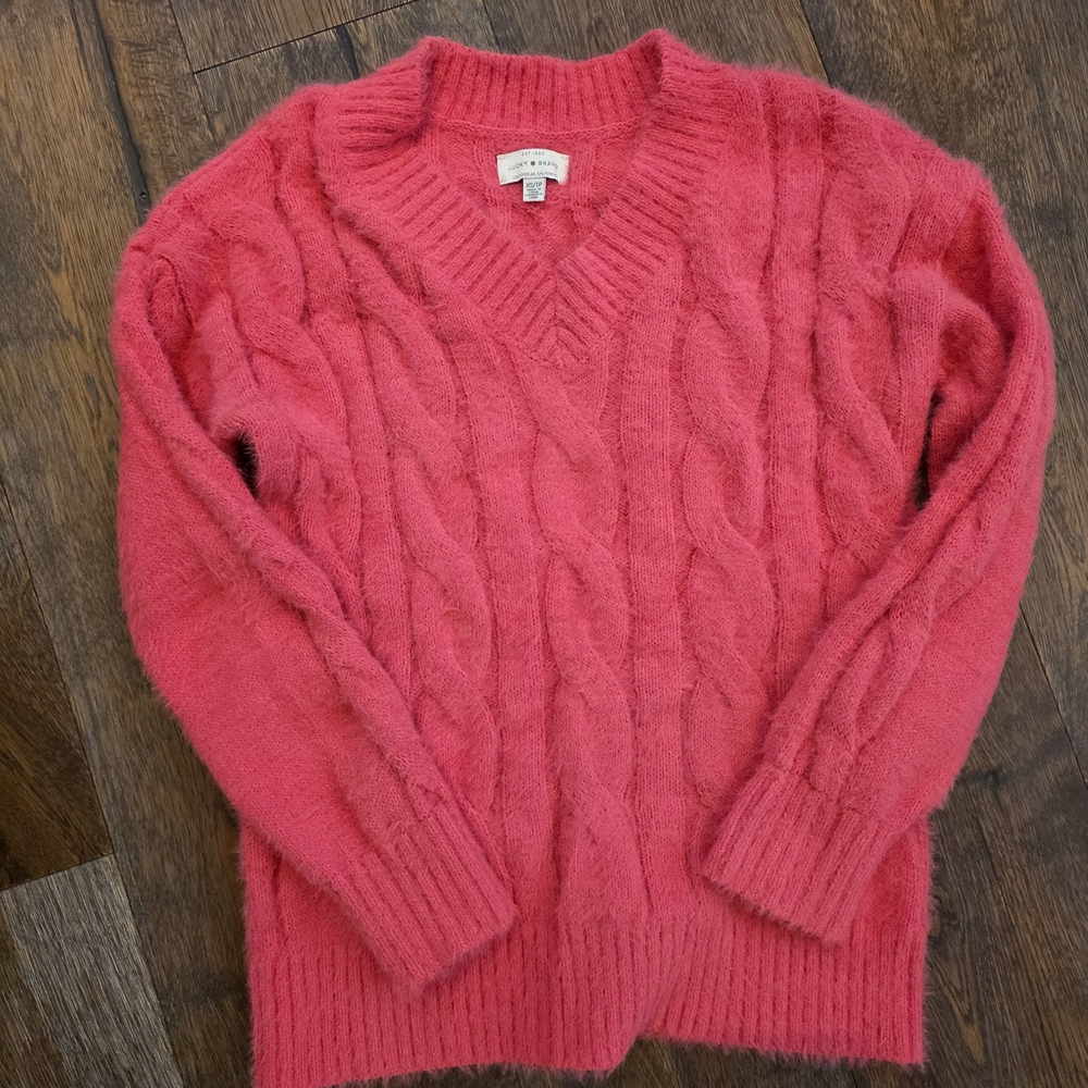 Lucky Brand V-Neck Cable Knit Sweater - Coral